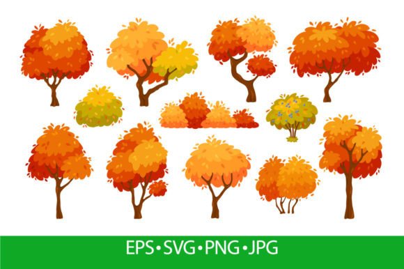 Cartoon Autumn Trees and Bushes: Graphics for Seasonal Illustrations
