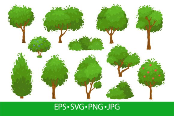 Cartoon Green Trees, Bushes and Hedges Graphics for Illustrations